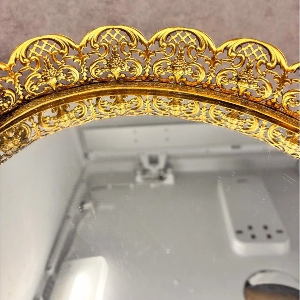 Vtg Mirrored Vanity Tray Gold Filigree Oval 11